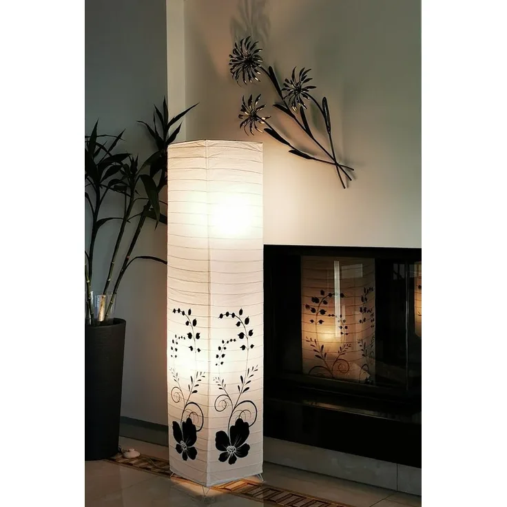 TRANGO Stehlampe, 1210 Design Standleuchte *GREECE* Reispapierlampe *HANDMADE* in Weiß mit floralem Motiv I inkl. 2x E14 Fassung (ihne Leuchtmittel) Form: eckig I Höhe: ca. 123cm, Wohnraumlampe I Stehleuchte I Reispapier