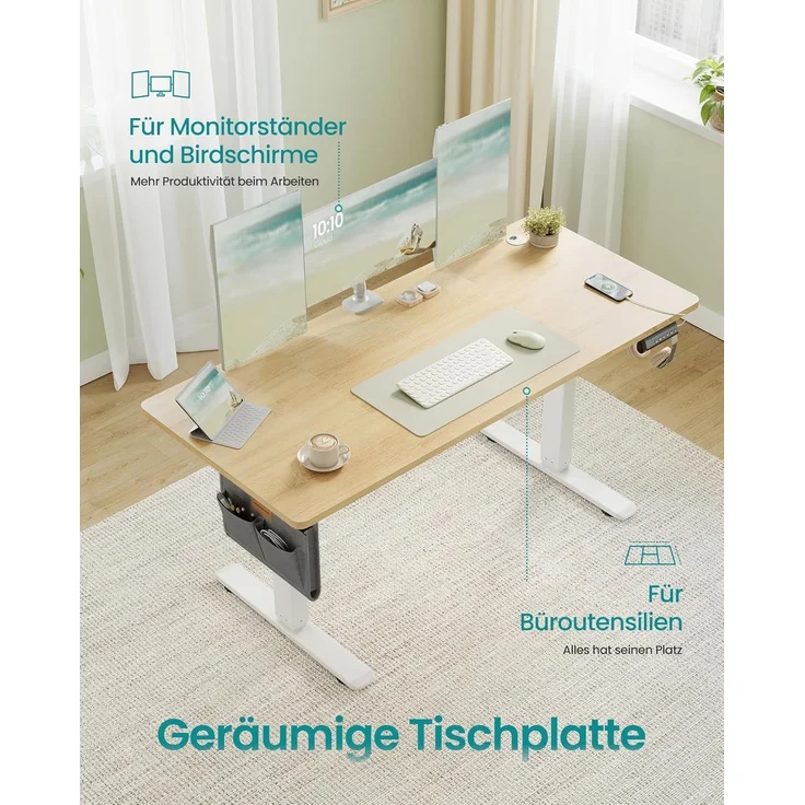 SONGMICS Höhenverstellbarer Schreibtisch elektrisch, 140x60 cm, Memory-Funktion mit 4 Höhen, USB-C-Anschluss, goldeichenfarben LSD134YA01 – Bild 5