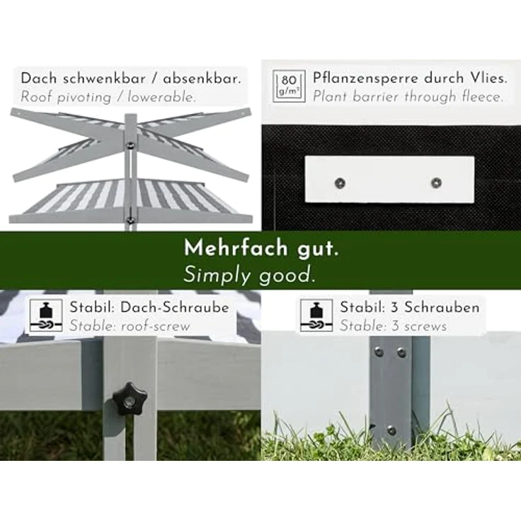 WONDERMAKE Sandkasten quadratisch 120x120 cm mit Abdeckung, Dach, Deckel, Sitzbank und Bodenbank, Holz, grau schwarz, UV-Schutz – Bild 4