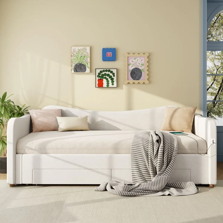 Schlafsofa mit Bettfunktion, Schubladen, Lattenrost, USB und Type-C, 90x200cm/180x200cm, Liegefläche erweiterbar, Polsterbett, Samt – Bild 3