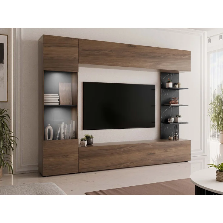 Wohnwand Lazando, mit weißer LED Beleuchtung, Farbe: Nuss Warmia / Marmor Schwarz – Bild 2