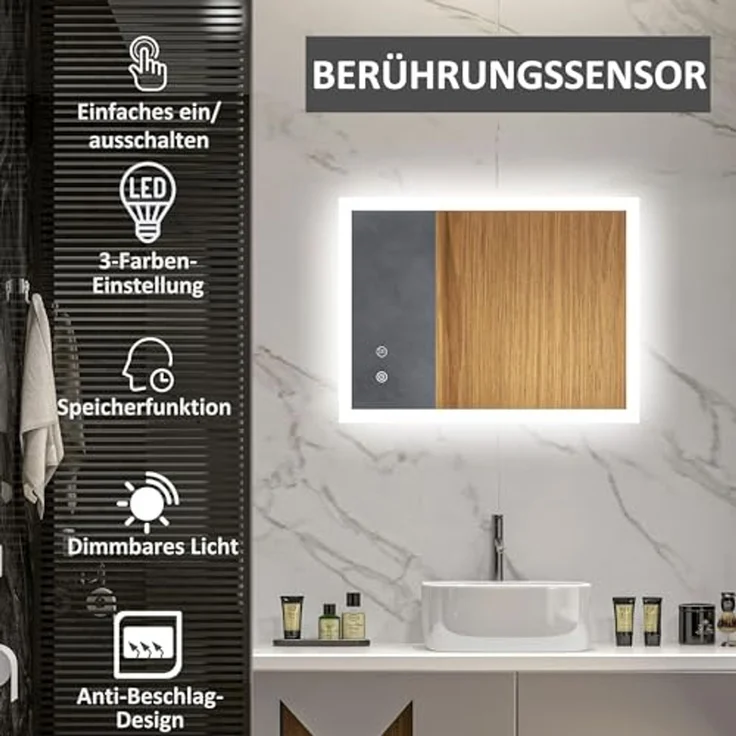 Kleankin Spiegel Badspiegel mit LED-Beleuchtung, Lichtspiegel mit Touchschalter (beschlagfreier Wandspiegel mit 3 Lichtfarben, 1-St, IP44 Wasserdicht), Memory-Funktion, 70cm x 50cm x 3cm – Bild 3