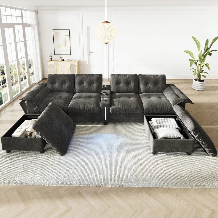 DESVIAE Sofa Modular Grau aus Chenille – 312x82x142 cm – Stauraum-Hocker, LED-Beleuchtung – Bild 3