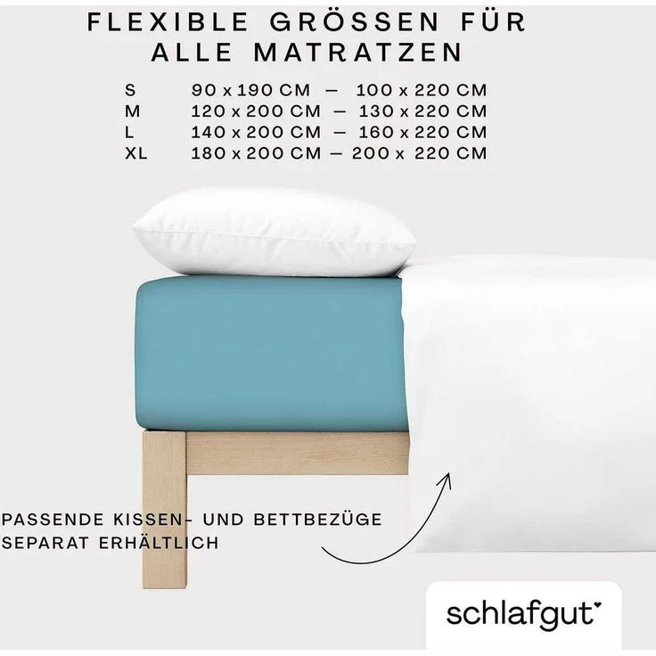 Schlafgut Spannbettlaken PREMIUM Mako-Zwirn-Jersey, 220 g/m², 95% Bio-Baumwolle, 5% Elasthan, Mako-Zwirn-Jersey, Gummizug: rundum, (1 Stück), Bettlaken bis 30 cm Höhe, PREMIUM-Qualität langlebig, perfekter Sitz – Bild 3