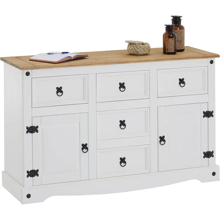 Sideboard Campo im Mexiko Stil, Kommode aus Kiefer massiv, weiß lasiert, 5 Schubladen und 2 Türen