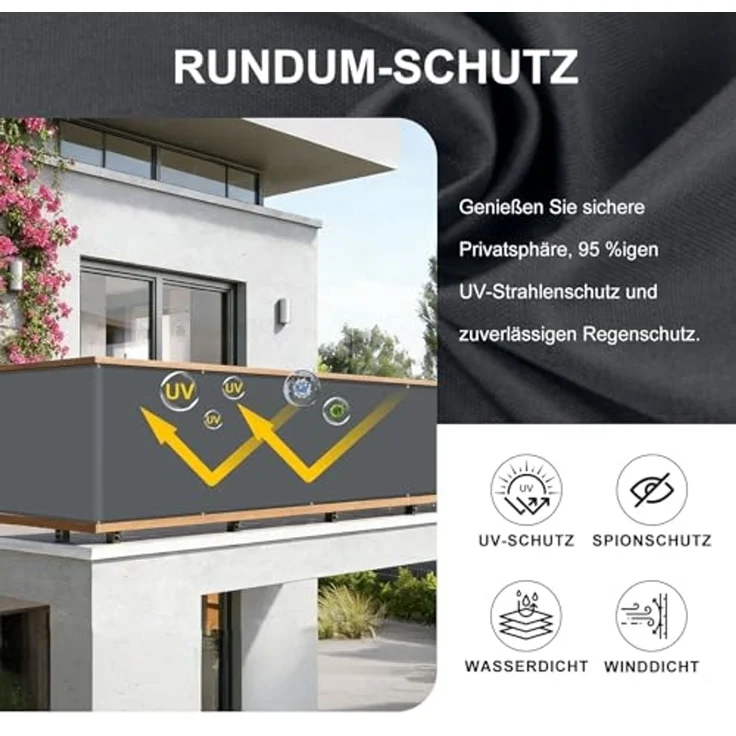 HENG FENG Balkon Sichtschutz 120x300 cm,160g/㎡ PES UV-Schutz Balkonverkleidung, Balkonabdeckung Wetterfest, mit Kabelbindern, Anthrazit – Bild 3