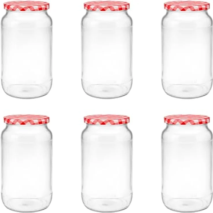 hocz 6x Einmachgläser 1 Liter | mit Deckel Rot Kariert TO 82 | leere Gläser mit Schraubdeckel zum befüllen 1 L | 1000 ml Sturzgläser, Schraubgläser, Marmeladengläser Set | 6 Stück – Bild 1