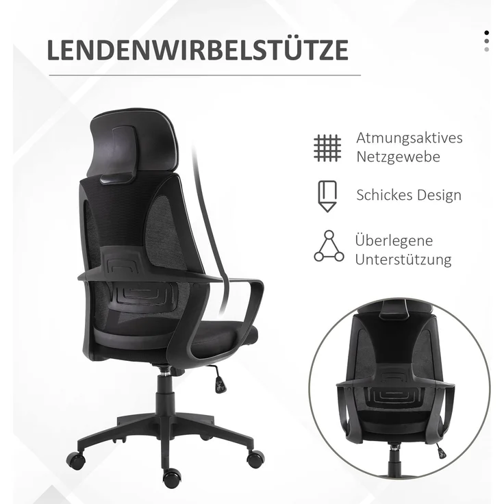 Vinsetto Bürostuhl, Polyester, Schaumstoff, Schwarz, 64L x 55B x 116-126H cm – Bild 6