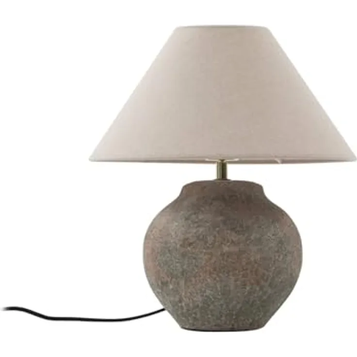 Lucande Tischleuchte Thalorin, 39 cm, braun, Keramik mit grauem Textilschirm und E27-Fassung