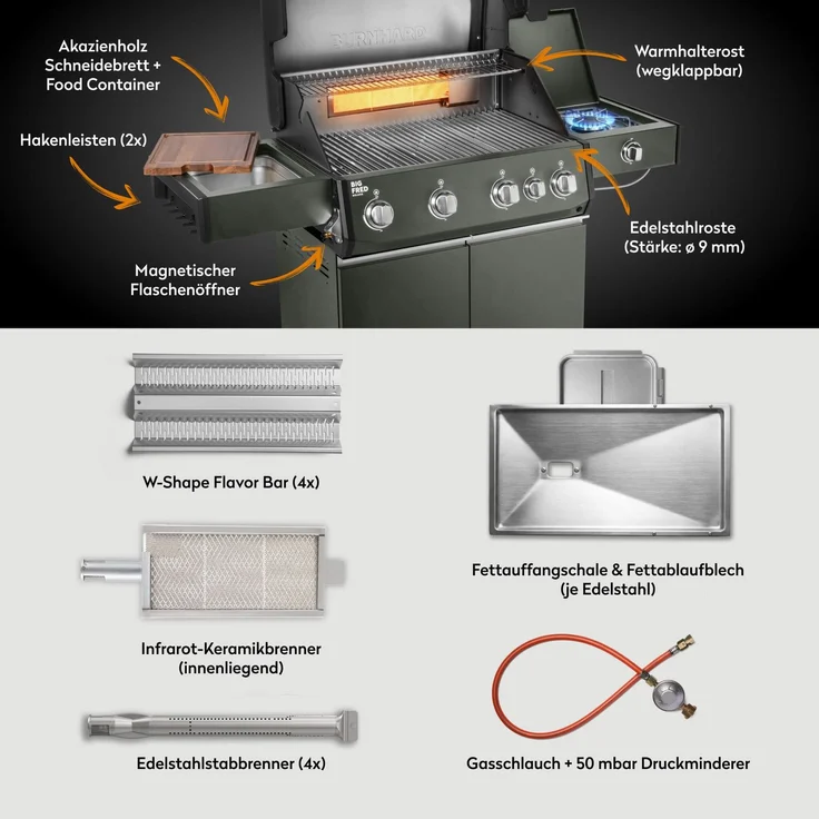 BURNHARD® 'Big FRED Deluxe' Gasgrill, 4-Brenner, Infrarot-Keramikbrenner, Heckbrenner, Seitenkochfeld, 70 × 41,5 cm Grillfläche – Bild 4