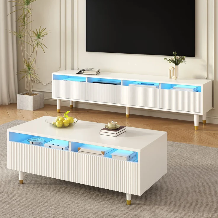 JARDJ Modernes LED-Möbelset: Viertüriger TV-Ständer und Couchtisch mit zwei Schubladen – Weiß mit Gold-Design, LED-Beleuchtung, Wellenstruktur und Acrylfronten für einen stilvollen Wohnstil – Bild 2