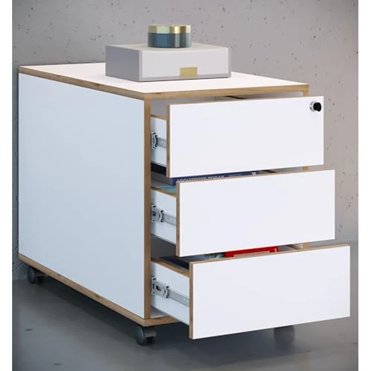 MID.YOU Rollcontainer, Weiß, Honigeiche, 3 Schubladen, 42x50x70 cm, griffloses Öffnen – Bild 2