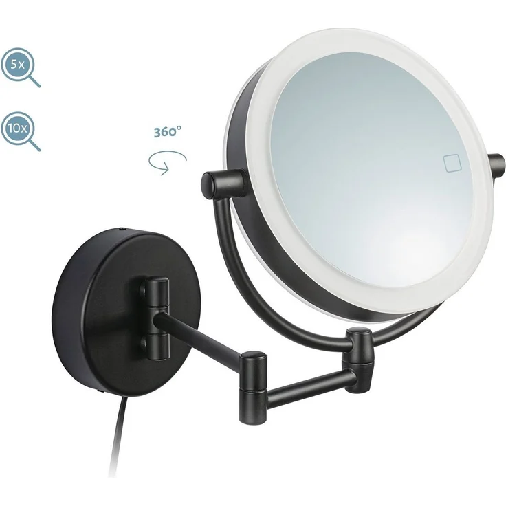 Libaro Kosmetikspiegel mit Beleuchtung und Vergrößerung MODENA schwarz 5-fach / 10-fach, Schminkspiegel mit Licht LED beleuchtet Wandmontage klappbar 2seitig – Bild 2