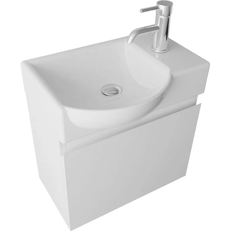 Alpenberger Badmöbel-Set - Gäste WC Waschbecken mit Unterschrank 45 cm Breit, (Badschrank 2-tlg, Waschtisch hängend), Waschbeckenunterschrank mit Softclose - Weiss - Links Becken