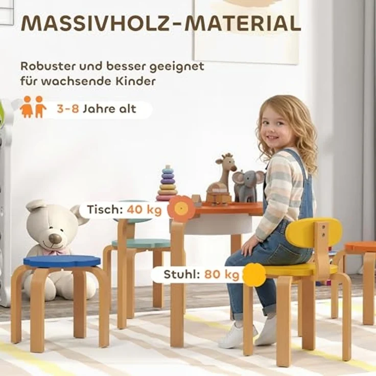 AIYAPLAY Kindersitzgruppe für Kinder von 3 bis 8 Jahren, (Kindermöbel, 5-tlg, 5-teiliges Set mit Tisch, Stühlen und Hockern), Blumenform, Mehrfarbig – Bild 5
