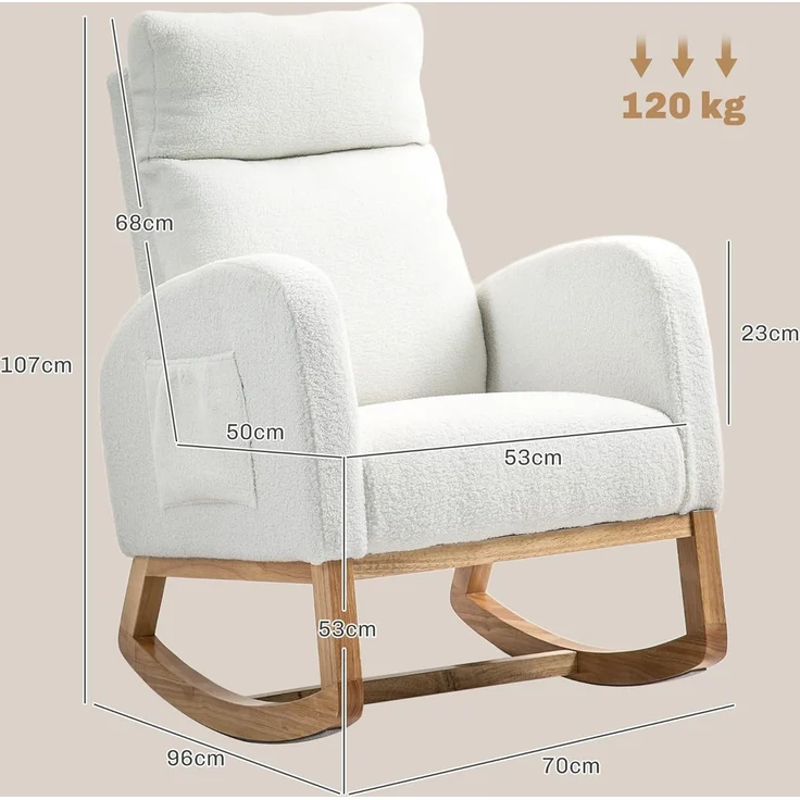 HOMCOM Schaukelstuhl mit Samtoptik (Schwingsessel, 1 St), bis 120 kg belastbar, für Schlafzimmer, Wohnzimmer, Cremeweiß – Bild 3