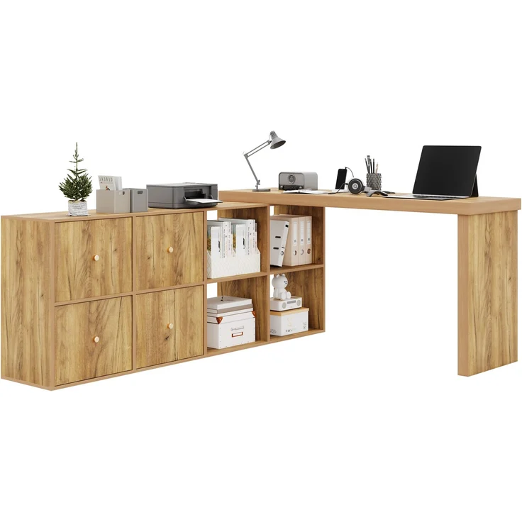 ZUBALIYA Ecktisch, Tischplatte 360°schwenkbar- L-förmig oder gerade aufstellbar,Tischplatte und Beine 4 cm verstärkt, mit 4 Fächern, 4 Schubladen - Schreibtisch,Eichenoptik, nach links gerichtet – Bild 4