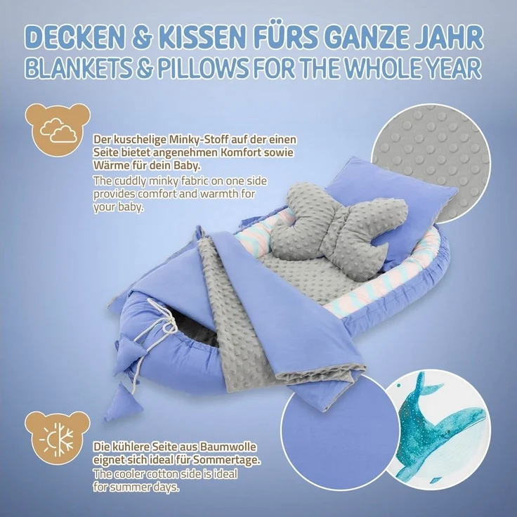 Joyz Babybett Baby Nestchen mit Muster aus Baumwolle waschbar bei 40 Grad, 5-tlg, Babynest 5 teilig Wal mit Blauem Minky 90x50cm Baumwolle – Bild 2