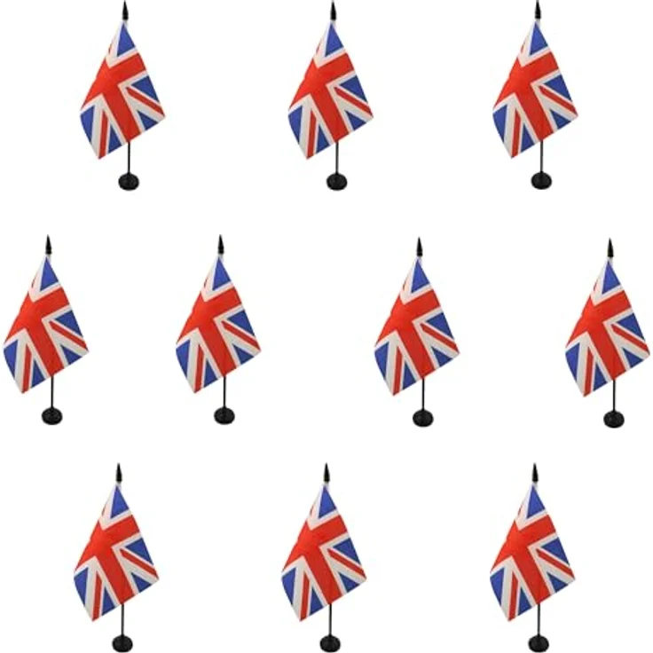 AZ FLAG 10 Stück Tischflagge Großbritanniens – 15 x 10 cm – 10 Mini-Flaggen für Großbritannien – für Büro, 100% Polyester, mit 25 cm Fahne und Sockel aus schwarzem Kunststoff – Bild 1