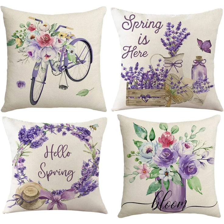 Kissenbezüge 45×45 cm 4er-Set Lila Blumen, Frühling Farmhouse Dekokissen, Sofa Wohnzimmer – Bild 1