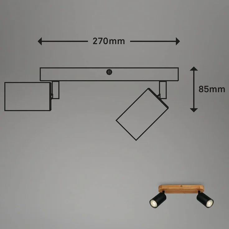 BRILONER Leuchten - Deckenlampe retro mit Holz, 2-flammige Deckenleuchte vintage, 2x GU10 Fassung, verstellbarer LED Spot, rustikaler Deckenspot, Schwarz-Holz, 270 x 60 x 85 mm, 2922-025 – Bild 5