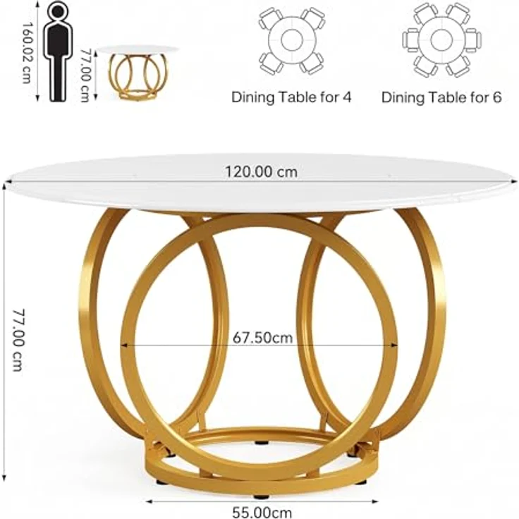 LITTLE TREE Esstisch Rund, moderner 120cm Küchentisch für 4-6 Personen, Couchtisch Beistelltisch mit 2 Ebenen & Metallrahmen für Wohnzimmer, Esszimmer und Küche, Weiß/Gold – Bild 2