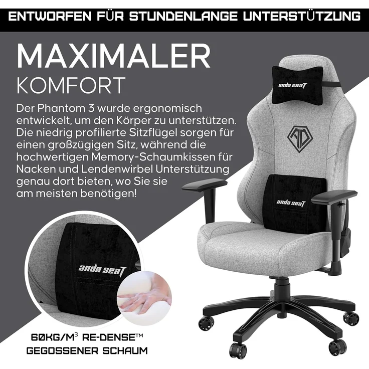 Anda Seat Phantom 3 Stoff Gaming Stuhl für Erwachsene – Ergonomisch PC Stuhl mit verstellbaren 2D Armlehnen, Kopfstütze & Lendenkissen, Bequemer Design, Belastbarkeit bis 90 kg, Grau – Bild 4