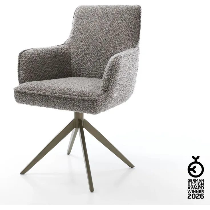Drehstuhl Heira-Flex mit Armlehnen Bouclé Silbergrau Kreuzgestell breit Effektfinish Titan 360° drehbar Taschenfederkern