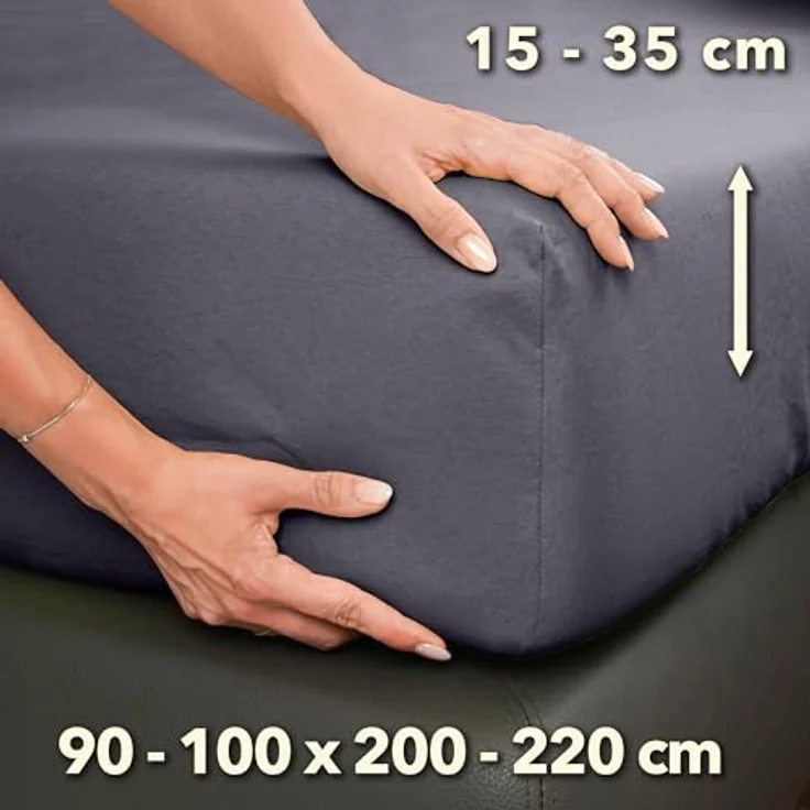 STUDIO Premium Spannbettlaken 90x200cm, 90x220cm, 100x200cm & 100x220cm – Jersey-Spannbetttuch, grau, 97 % Baumwolle & 3 % Elastan, bügelfrei, für Matratzen 15–35cm – Bild 3