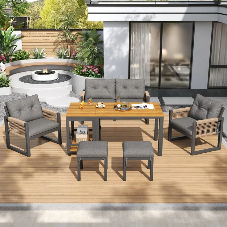 LVHOM 7-tlg. Gartenmöbel-Set, Lounge-Set für 6–7 Personen, wetterfeste Sitzgruppe inkl. Esstisch und abnehmbarem Servierwagen mit Stauraum, Grau/Eiche – Bild 7