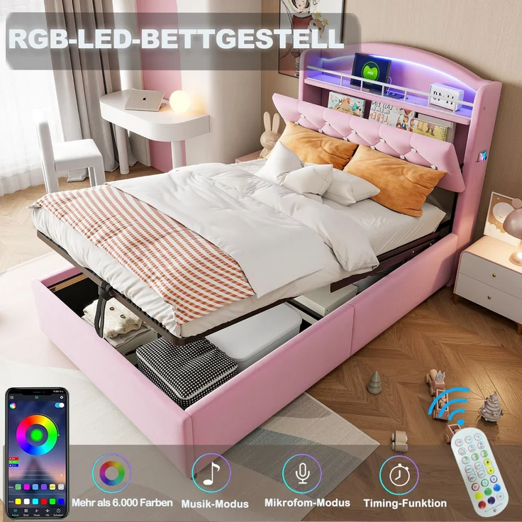 Merax Kinder Polsterbett 90x200, Samt Einzelbett Multifunktionsbett mit Stauraum mit LED und USB Rosa – Bild 8