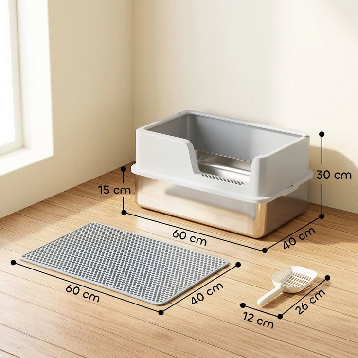 PawHut Katzentoilette, Edelstahl, Hellgrau, 60 x 40 x 30 cm – Bild 3