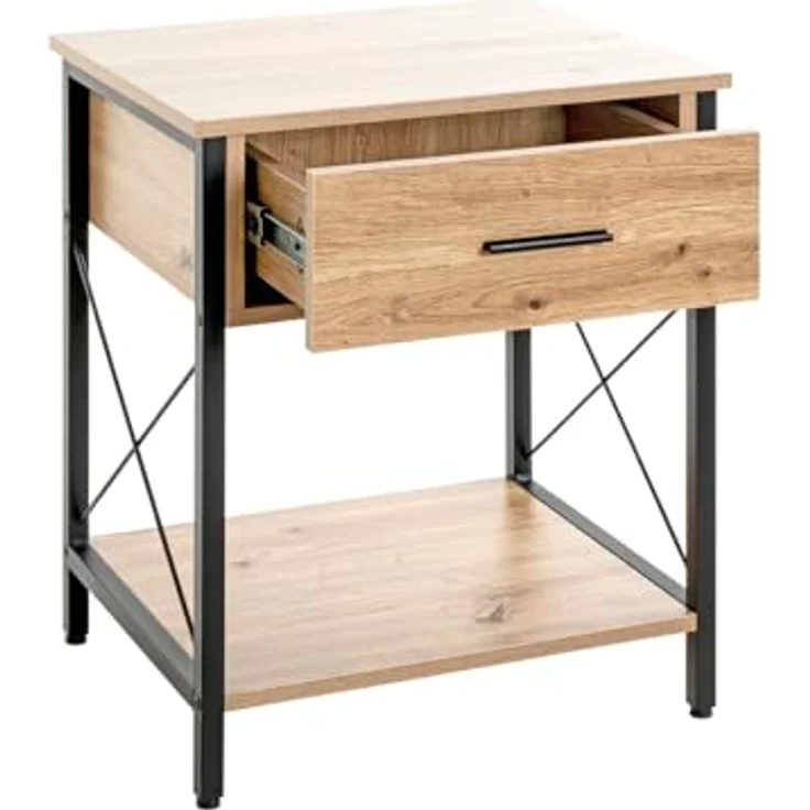 XXXL Beistelltisch, Schwarz und Eiche, Metall, mit 1 Schublade, offenes Fach, 40x60x45 cm, eckig – Bild 7
