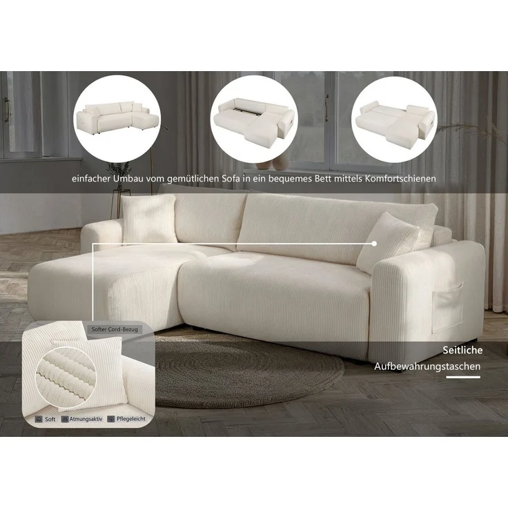 OTTO home Ecksofa JONAA L-Form, 241cm - OTTO. Verlässliche Qualität, Schlaffunktion(133/200), Bettkasten, Cord, Struktur, Unser Tiefpreis – Bild 3