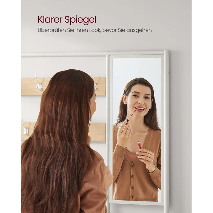 VASAGLE Kleiderständer, Garderobe, Garderobenständer mit Haken, Spiegel, Sitzbank, 35 x 98 x 180 cm, für Eingangsbereich, Schlafzimmer, Wohnzimmer, modern, eichenfarben-weiß HSR415W09 – Bild 8
