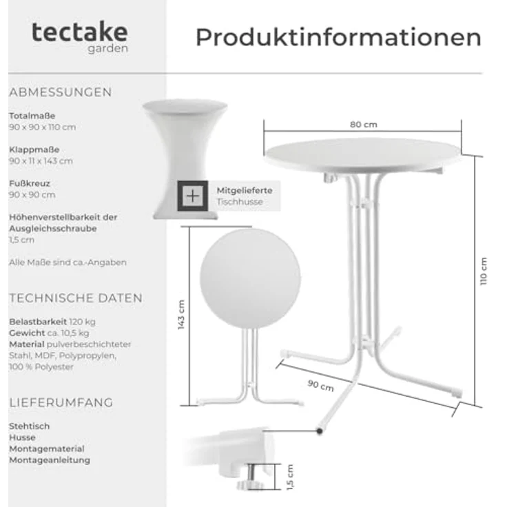 tectake Bistrotisch Stehtisch (1-St, 1 tlg), Stehtisch mit klappbarem Gestell für schnellen Auf- und Abbau – Bild 4