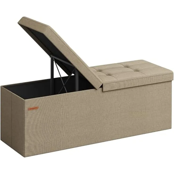 Songmics Sitzbank mit Stauraum, klappbare Sitztruhe, Aufbewahrungsbox, 38 x 110 x 38 cm, Deckel klappbar, bis 300 kg belastbar, für Flur, Wohnzimmer, Schlafzimmer, Kamelbraun LSF076K01