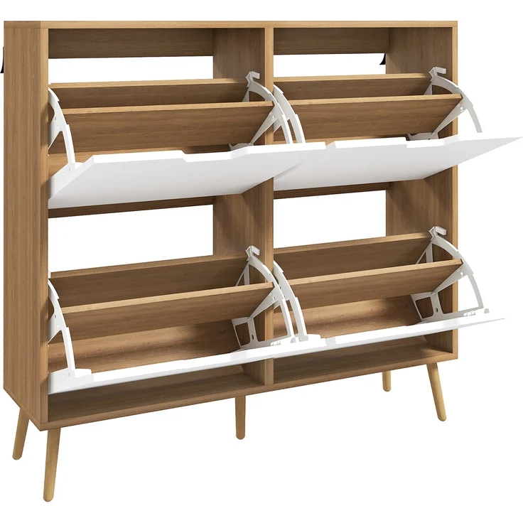 Schuhschrank mit 4 Klappen für 16 Paar Schuhe, mit verstellbarem Einlegeboden, Füße aus Kiefernholz, 95 x 26 x 95 cm, natur – Bild 2