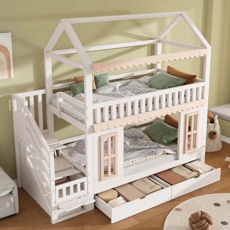 ZUBALIYA Etagenbett, Kinderbett, Hausform, Seitlicher Stauraumschrank mit Leiter, 2 Schubladen, Dekorative Holzfenster und Zierleisten, Kiefer+MDF, Weiß+Natur, 90x200 cm, Natur / Weiß – Bild 5
