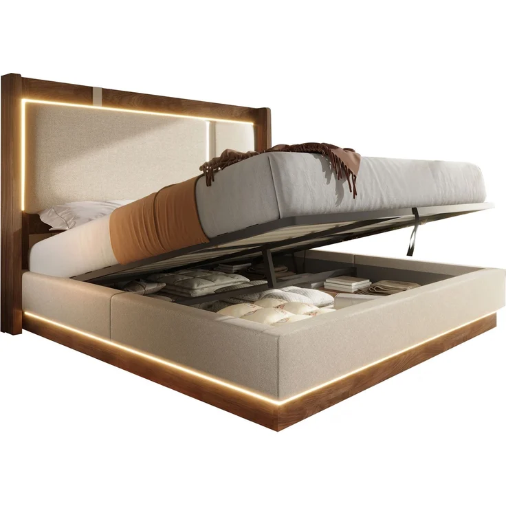 140x190 Doppelbett Polsterbett mit Lattenrost, LED & Bettkasten, Hydraulik, Leinen Beige & Walnuss, ohne Matratze – Bild 8