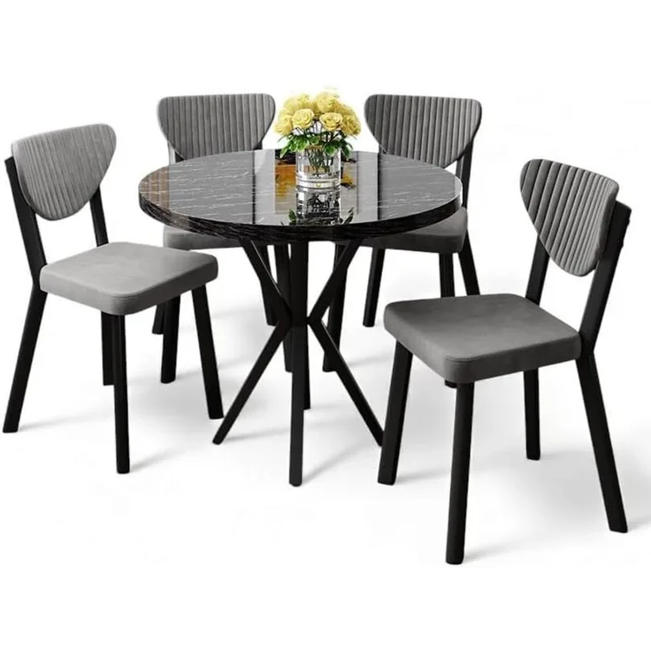 Modernes 5-teiliges Esszimmer-Set mit Tisch und Stühlen, Schwarzmarmor & Grau, 100% melaminbeschichtete Spanplatte, Metallbeine, stilvoll und langlebig
