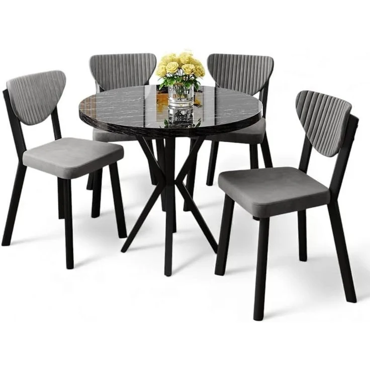 Modernes 5-teiliges Esszimmer-Set mit Tisch und Stühlen, Schwarzmarmor & Grau, 100% melaminbeschichtete Spanplatte, Metallbeine, stilvoll und langlebig – Bild 1