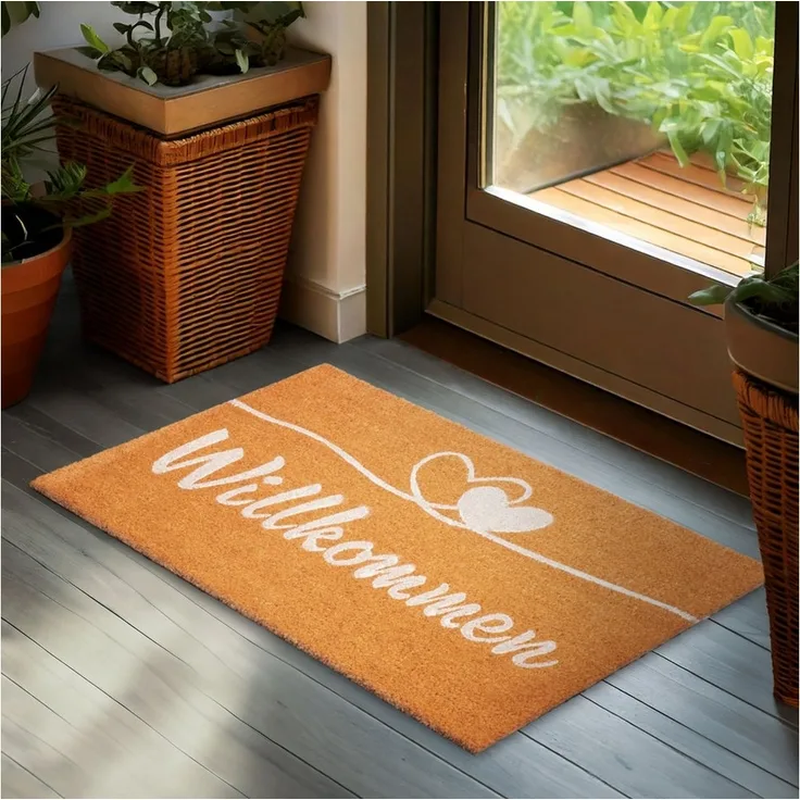 BRUBAKER Fußmatte Willkommen - 45 x 75 cm Schmutzfangmatte mit Herzen - Braun, Rechteckig, Höhe: 16 mm, Fußmatte für Außen und Innen aus Kokos - Wetterfest und Rutschfest