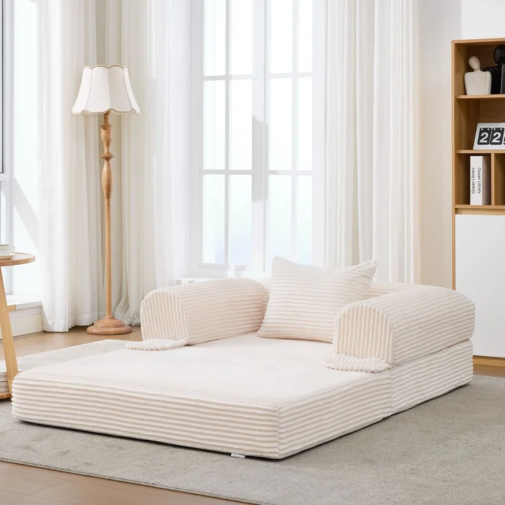 EINHOM Cord Einzel-Schlafsofa Umwandelbar, Multifunktionaler Klappsofa-Bett, Platzsparendes Gästebett aus Hochwertigem Kordstoff, Einzelsessel zum Schlafen für Wohnzimmer, Schlafzimmer, Wohnung, 120 × 85 × 65 cm, Beige – Bild 7