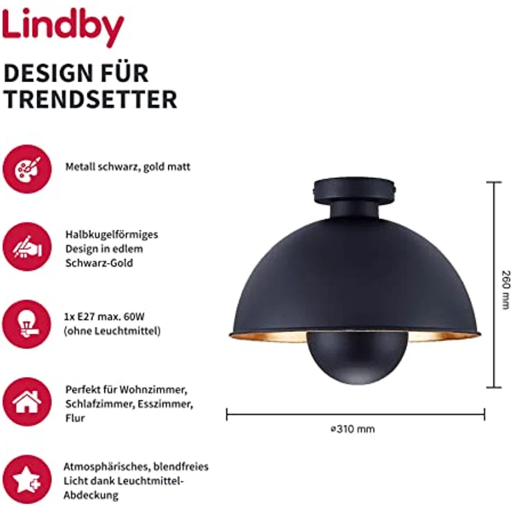 Lindby Deckenleuchten Lya, Metall, Schwarz IP20, 1x60 W – Bild 2