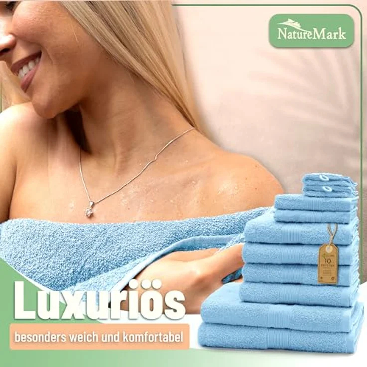 Green Mark Handtuch-Set mit 10 Teilen – 100% Baumwolle – 4 Handtücher 50×100 cm, 2 große Duschtücher 70×140 cm, 2 Gästetücher 30×50 cm und 2 Waschhandschuhe – Hellblau – Bild 8