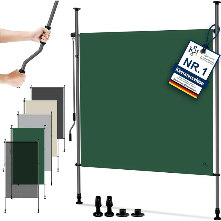 KESSER® Klemmmarkise Senkrechtmarkise außen Ausziehbar & Blickdicht | Vertikalmarkise mit Handkurbel ohne Bohren | Balkon-Sichtschutz & Windschutz für Garten & Terrasse Wasserfest Dunkelgrün, 150 x 310 cm