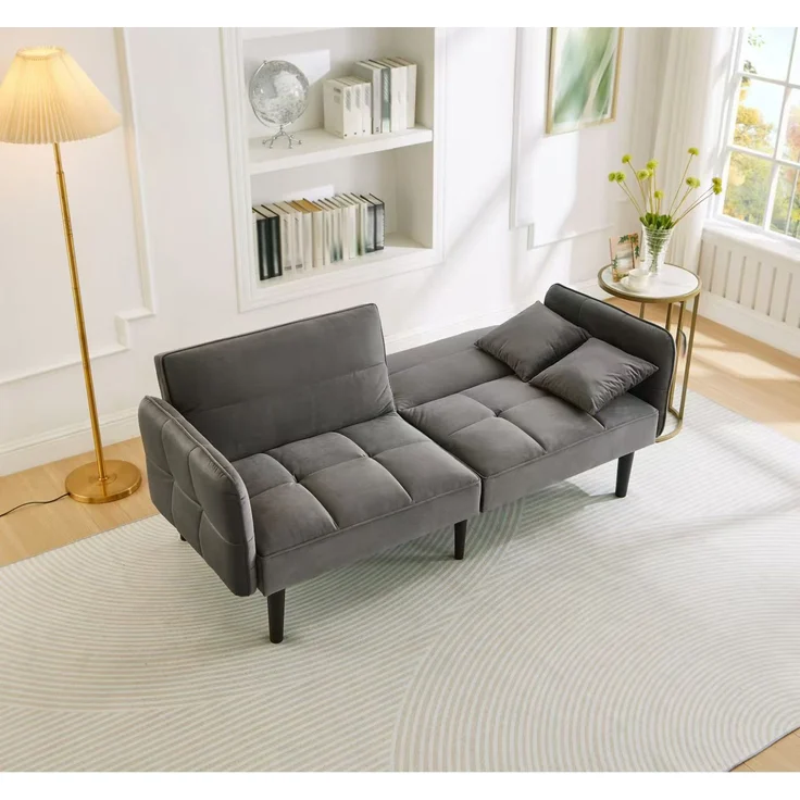 Schlafsofa Samt 2-in-1 verstellbar, mit klappbaren Armlehnen,Sofabett mit Massivholzfüßen & 2 Kissen,Grau – Bild 2