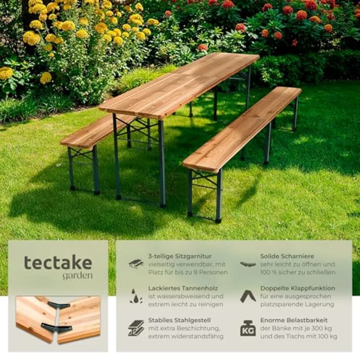 tectake® Bierzeltgarnitur, Festzeltgarnitur, Biertisch, Set 2X Bierbank 1x Tisch klappbar, als Gartenmöbel, Balkon Möbel oder zum Camping, platzsparend, wetterfest und robust – Bild 3