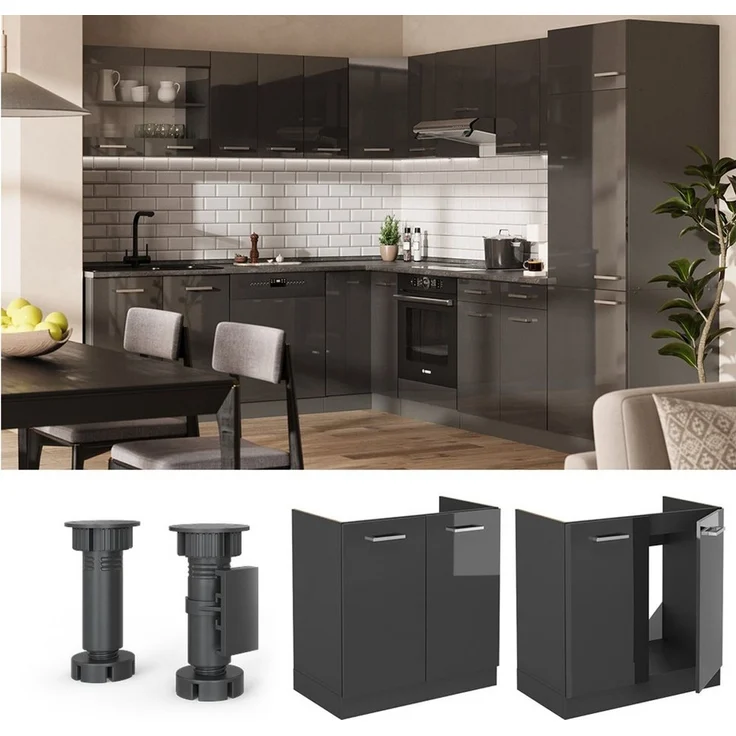 Spülenunterschrank R-Line Anthrazit Hochglanz 80 cm ohne Arbeitsplatte Vicco – Bild 2